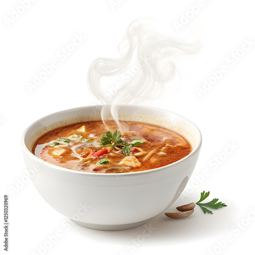 bowl of vegetable soup on white background 