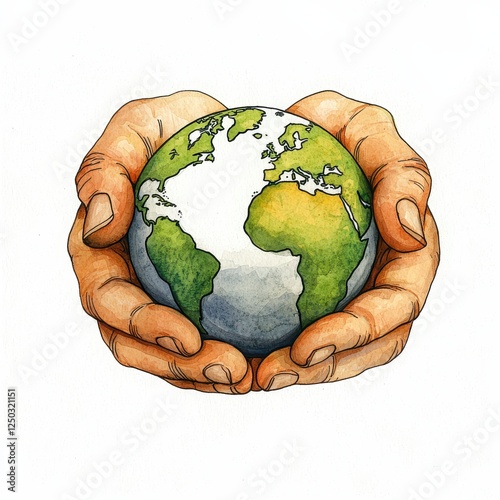 Watercolor Painting of Hands Gently Holding a Green and Blue Globe on White Background
