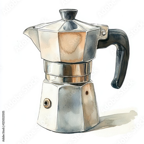 Watercolor Painting of Metallic Silver Coffee Maker with Black Handle on White Background