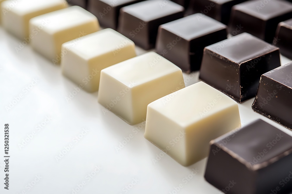An orderly sequence of white and dark chocolate blocks lined up on a flawless white background, showing off smooth edges. An orderly sequence of white and dark chocolate blocks lined up on a flawless white background, showing off smooth edges.