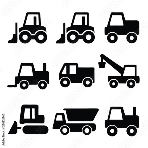 Heavy Equipment Silhouette Collection Vector Icons of Earthmovers and Cranes
