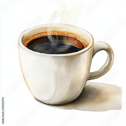 Watercolor Painting Of Steaming Cup Of Black Coffee In Off White Mug
