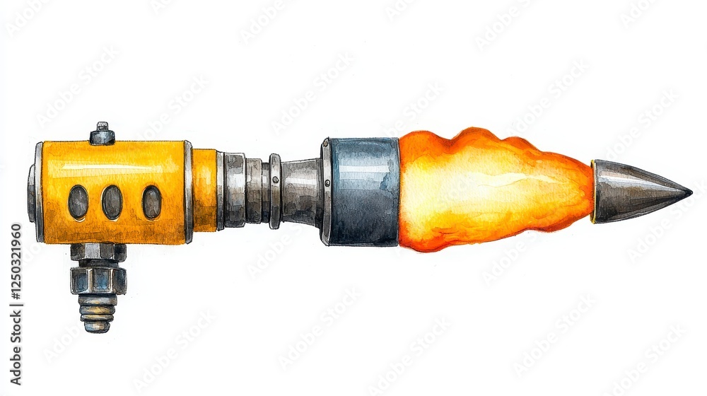 Watercolor Rocket With Fiery Exhaust Plume Watercolor Rocket With Fiery Exhaust Plume