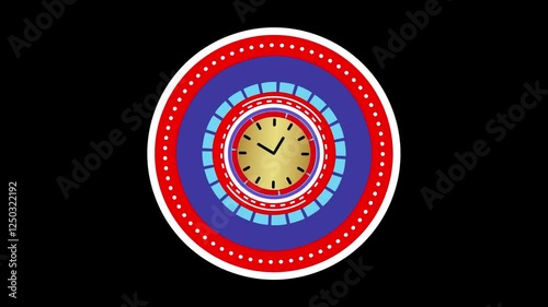 Abstract Clock Design with Geometric Circular Patterns  Vibrant Timepiece Illustration in Red, Blue, and Gold on Black Background