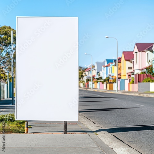 A1 format white poster on a quiet suburban street, colorful homes and clear skies in the backdrop.