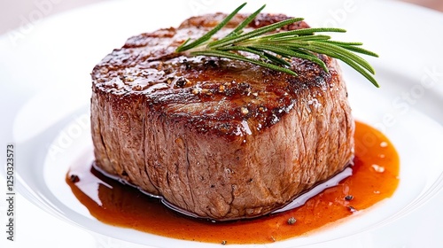 Gourmet Grilled Beef Steak Served on a White Plate with Savory Sauce and Herb Garnish