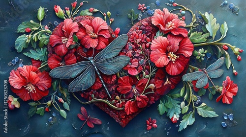 Heart of Hibiscus and Dragonflies A Botanical Masterpiece