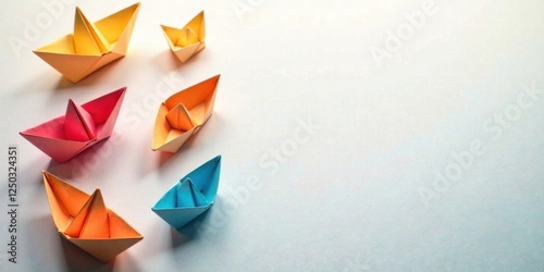 A Colorful Collection of Miniature Paper Boats Arranged on a Light Blue Surface