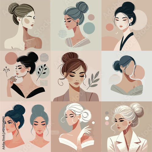 set of a sophisticated woman with a stylish bun hairstyle. illustrated in a flat, minimalistic style, usinng soft  pastel shades and smooth textures.