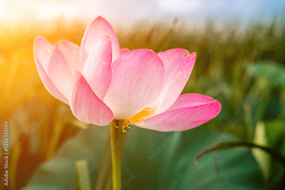 Sunrise in the field of lotuses, Pink lotus Nelumbo nucifera sways in the wind. Against the background of their green leaves. Lotus field on the lake in natural environment. Sunrise in the field of lotuses, Pink lotus Nelumbo nucifera sways in the wind. Against the background of their green leaves. Lotus field on the lake in natural environment.
