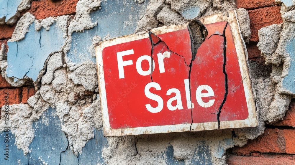 Weathered For Sale Sign on a Cracked Wall with Peeling Paint and Rustic Charm