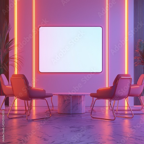 Clean meeting room with soft lighting and neon accents, featuring a blank screen for a professional business presentation mockup,