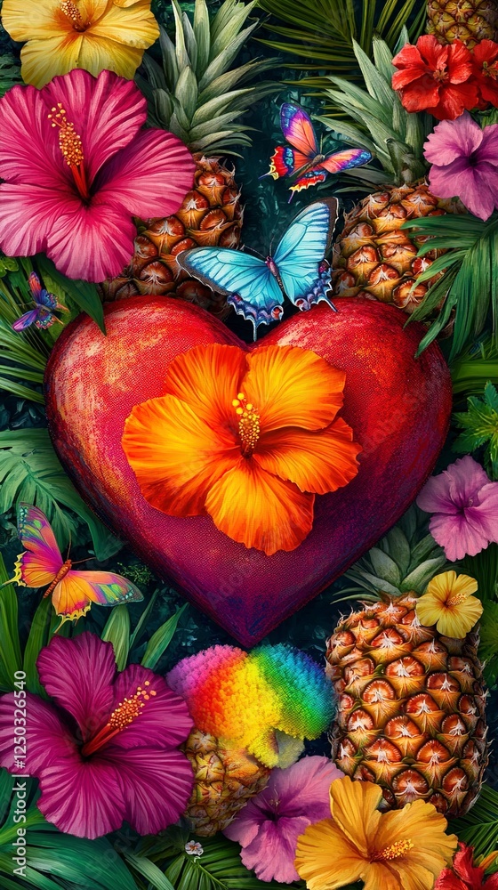 Naklejka premium Tropical Heart Hibiscus, Pineapples, and Butterflies in Vibrant Paradise