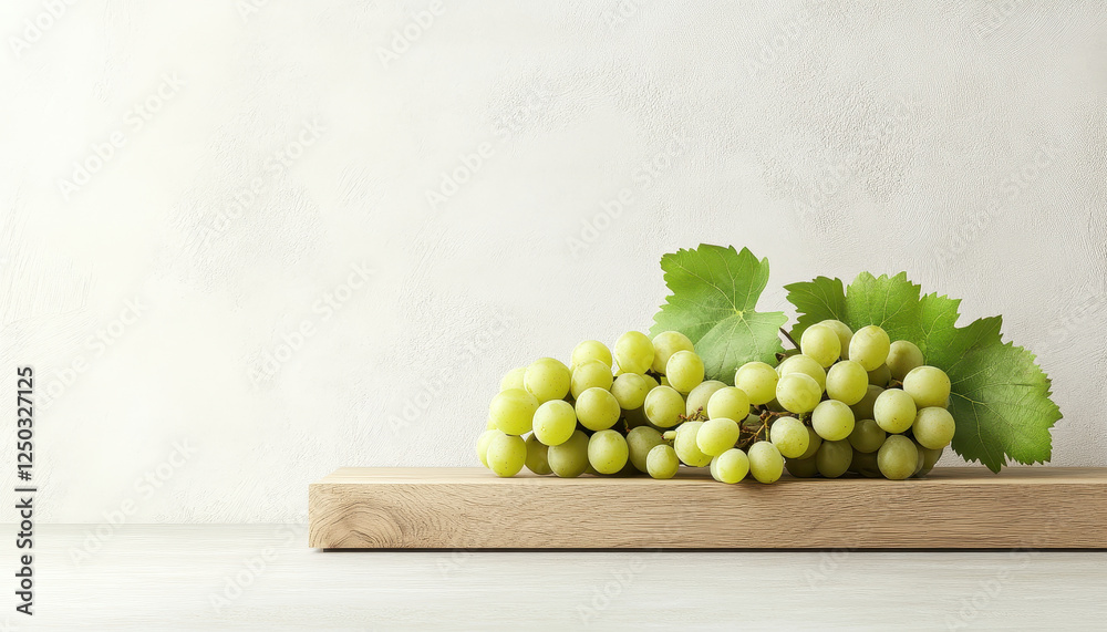 Fresh green grapes on wooden platform with leaves, perfect for healthy snacking Fresh green grapes on wooden platform with leaves, perfect for healthy snacking