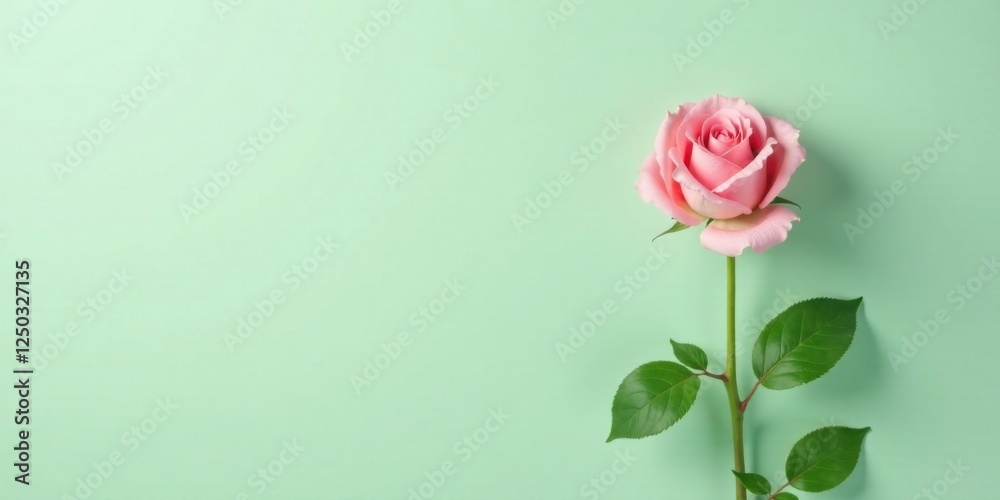 A single pink rose stem with vibrant green leaves rests gracefully against a soft mint green background, offering a delicate and serene visual A single pink rose stem with vibrant green leaves rests gracefully against a soft mint green background, offering a delicate and serene visual