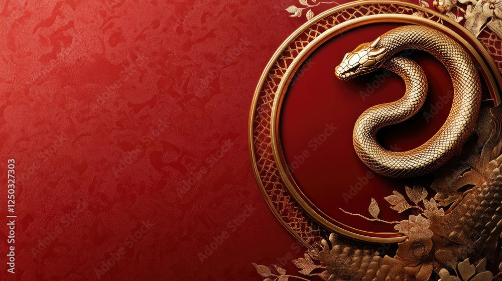 Golden snake encircling a blank card on a deep red background, symbolizing prosperity and elegance for the New Year. Golden snake encircling a blank card on a deep red background, symbolizing prosperity and elegance for the New Year.