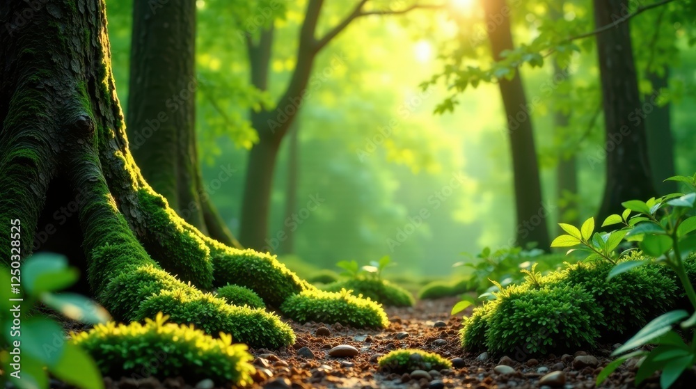 Obraz premium Golden sunlight filters through the verdant canopy, illuminating a tranquil forest path carpeted with vibrant moss and stones
