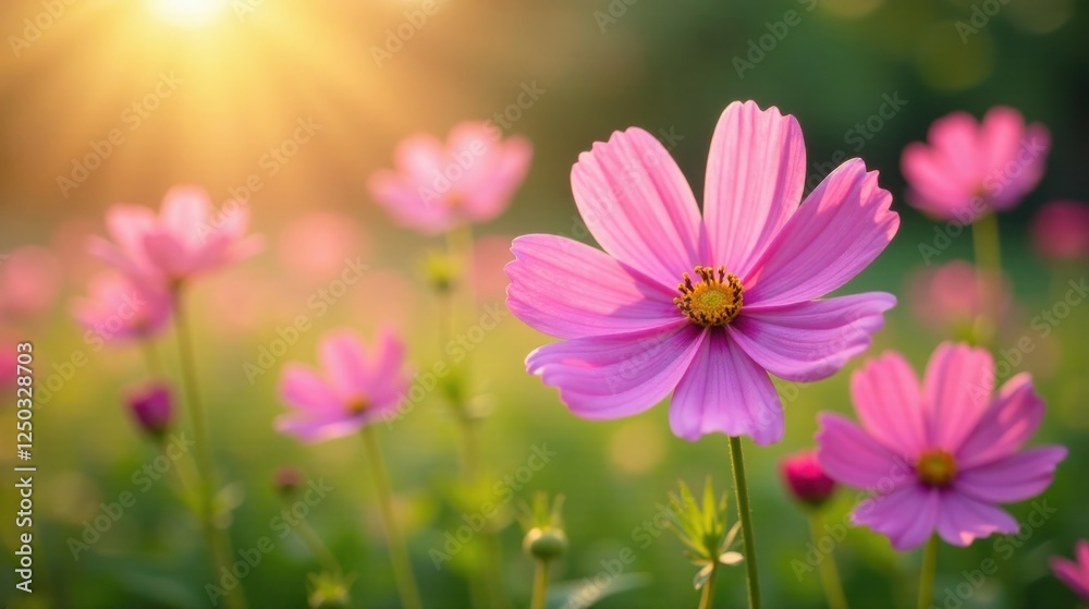 Golden Hour Bloom Delicate Pink Cosmos Flowers in a Meadow Basking in the Warm Sunlight Golden Hour Bloom Delicate Pink Cosmos Flowers in a Meadow Basking in the Warm Sunlight