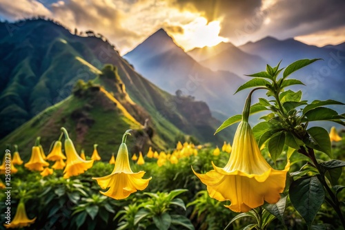 Yellow Datura Flowers & Mountain Panorama - Stunning Long Exposure photo