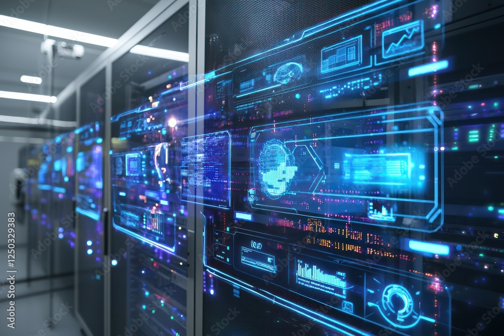 Transparent holographic screens in server room display ongoing data operations and health stats. Transparent holographic screens in server room display ongoing data operations and health stats.