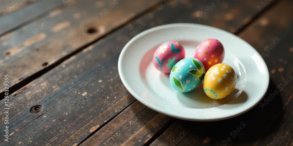 Decorated eggs rest on a plate atop a rustic wooden surface