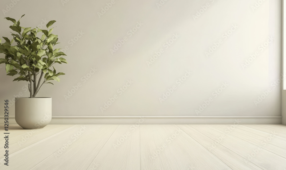 Minimalist interior with potted plant near empty wall and natural light in modern space Minimalist interior with potted plant near empty wall and natural light in modern space