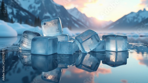 Melting ice cubes on reflective water surface with snow and mountains in background	