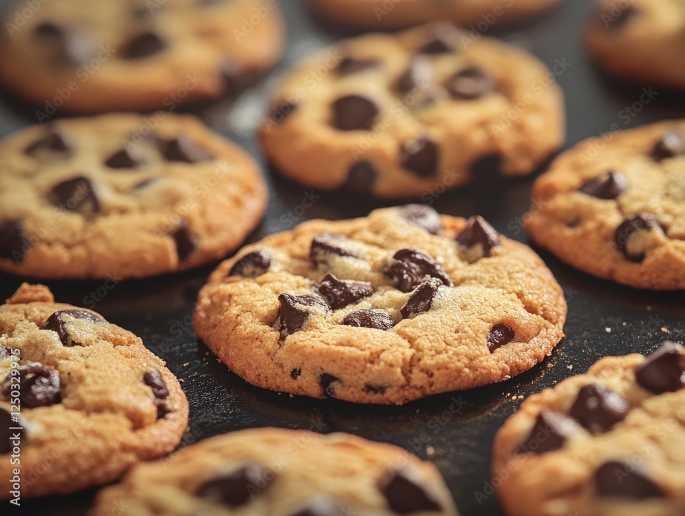 Freshly Baked Chocolate Chip Cookies on a Dark Baking Tray Close Up Freshly Baked Chocolate Chip Cookies on a Dark Baking Tray Close Up