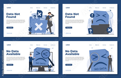 Set of Landing page template illustrating no data concept missing files, no search results found in a system data not available illustration