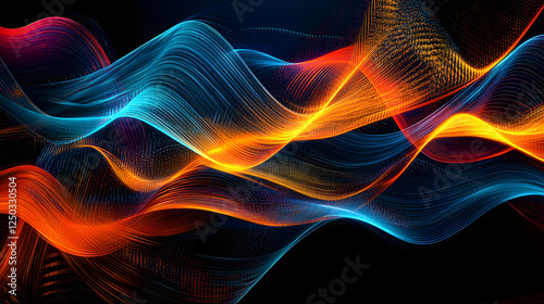 Abstract flowing waves of light in orange and blue create a dynamic and modern design.