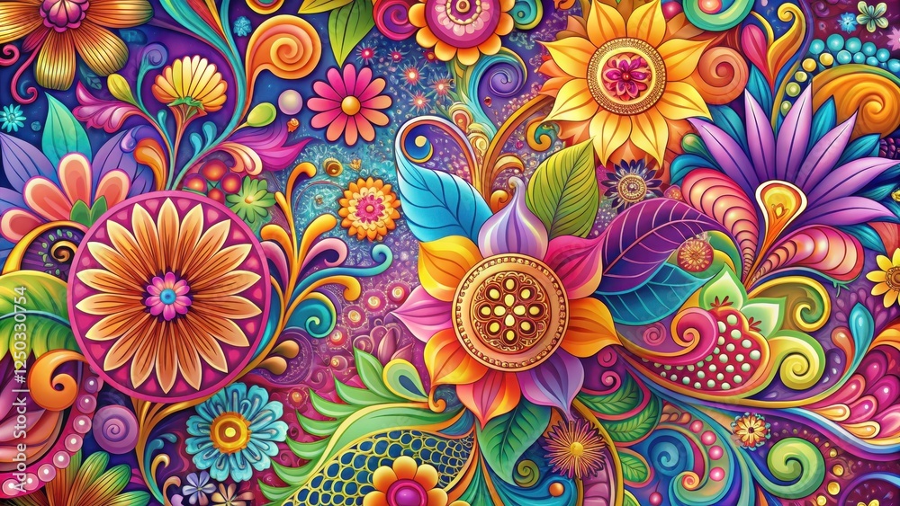 Vibrant abstract floral design with intricate patterns and swirly shapes in various shades of pink purple orange yellow green blue , abstract art, decorative patterns Vibrant abstract floral design with intricate patterns and swirly shapes in various shades of pink purple orange yellow green blue , abstract art, decorative patterns