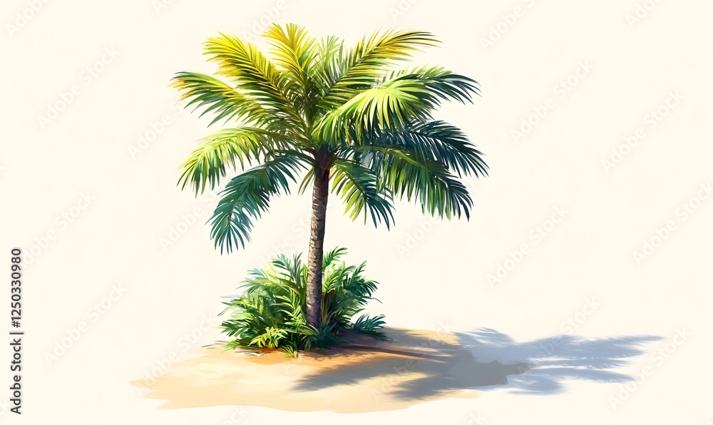 Obraz premium Tropical palm tree on a sandy island, sunny day, travel poster