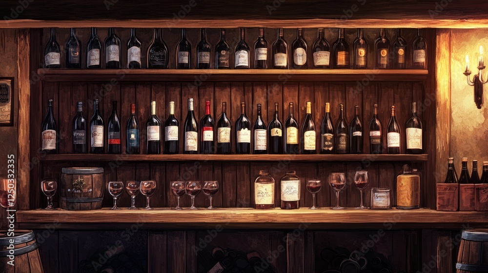 Rows of wine bottles neatly arranged on wooden shelves, in a cozy wine cellar with a blurred, moody background. Rows of wine bottles neatly arranged on wooden shelves, in a cozy wine cellar with a blurred, moody background.