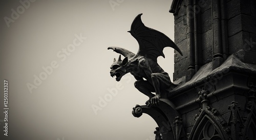Gothic Gargoyle on Church Tower: A Monochrome Masterpiece