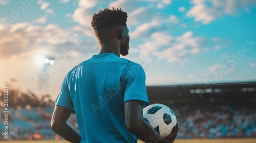 Soccer Player Holding Ball Stadium Background