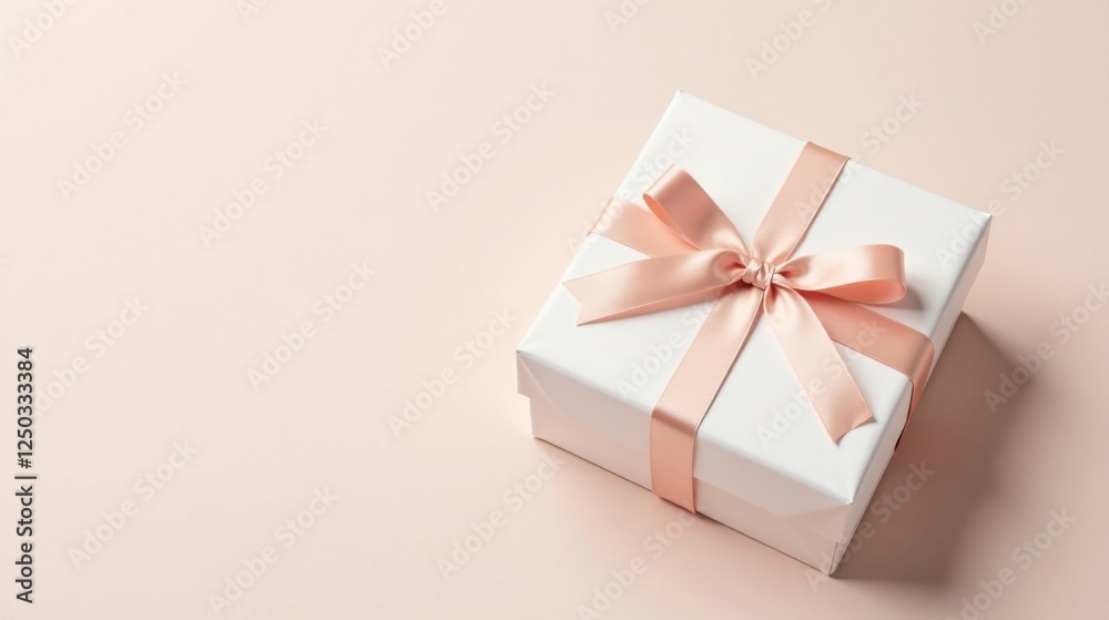 A delicately wrapped present, showcasing a pristine white box adorned with a blush-pink satin ribbon, rests elegantly on a soft peach background. A delicately wrapped present, showcasing a pristine white box adorned with a blush-pink satin ribbon, rests elegantly on a soft peach background.