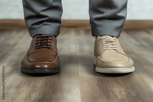 A man wearing contrasting shoes, one formal brown and one casual beige, stands on wooden floor photo