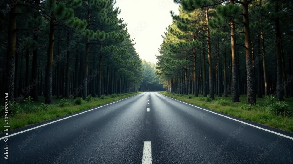 Asphalt lane lined with tall trees, extending towards a bright horizon, a scenic drive through a dense forest Asphalt lane lined with tall trees, extending towards a bright horizon, a scenic drive through a dense forest