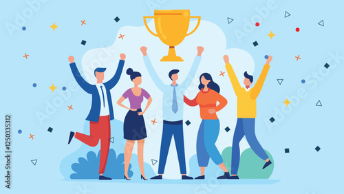 people colleague celebrate award winning trophy together. Team success achievement, winning trophy award together, celebrate team effort collaboration,
