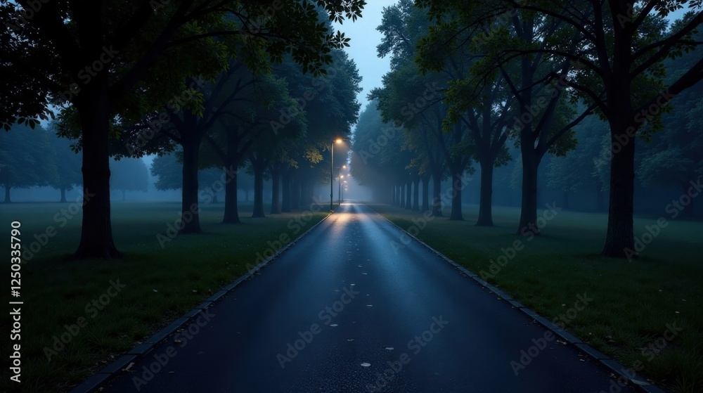 Serene Nighttime Drive Through a Misty Park with Glimmering Streetlights Illuminating the Path Serene Nighttime Drive Through a Misty Park with Glimmering Streetlights Illuminating the Path