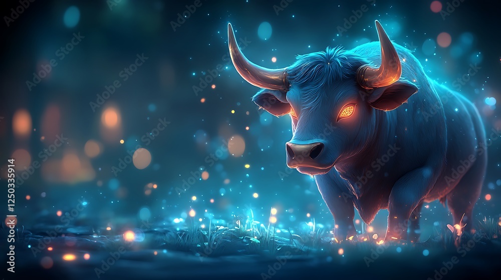 Fototapeta premium A futuristic digital city glowing in gold with a majestic golden bull leading the crypto revolution