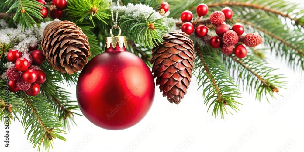 A decorative red Christmas ornament hangs from a fragrant fir branch with pinecones and holly leaves surrounding it , Christmas Ornament, Holiday Decoration A decorative red Christmas ornament hangs from a fragrant fir branch with pinecones and holly leaves surrounding it , Christmas Ornament, Holiday Decoration