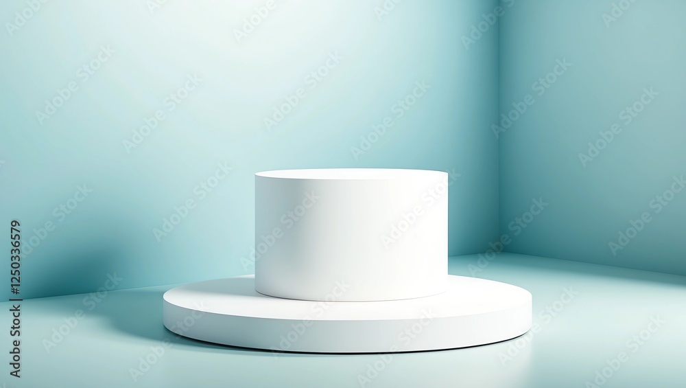 Abstract empty white podium with geometric shadows on blue background. Mock up stand for product presentation. Abstract empty white podium with geometric shadows on blue background. Mock up stand for product presentation.