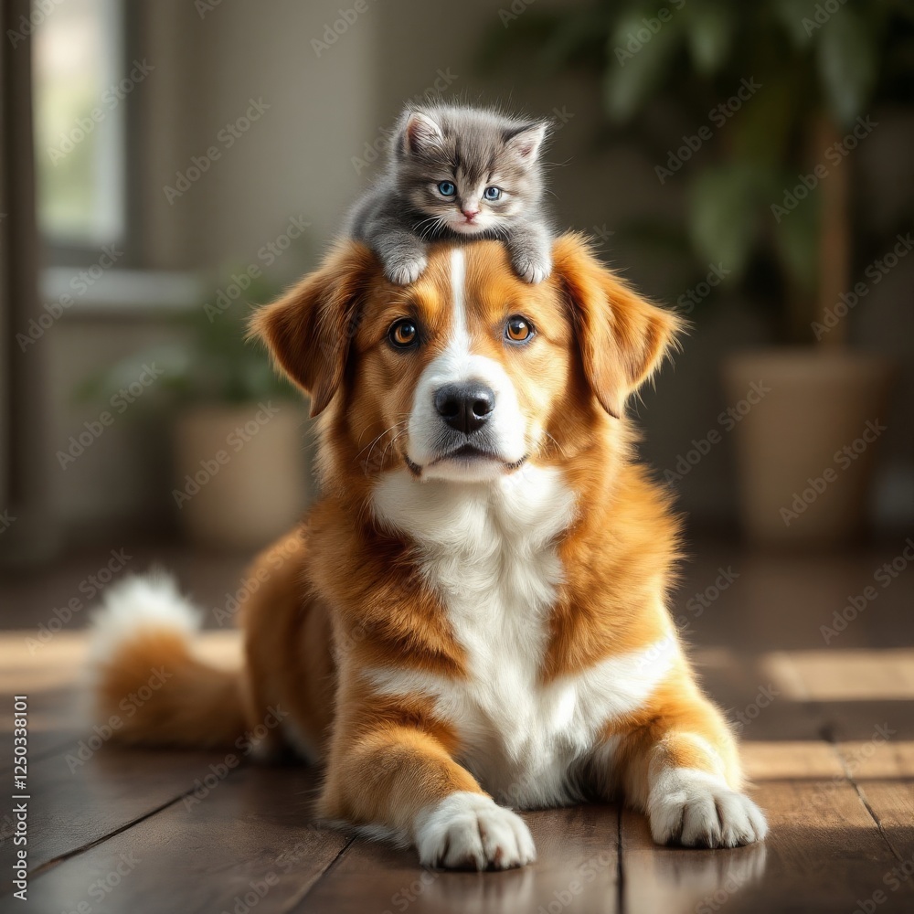 Cute Kitten Resting Atop Dog's Head in a Warm Interior Setting Cute Kitten Resting Atop Dog's Head in a Warm Interior Setting