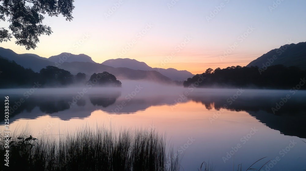 Fototapeta premium Serene lake at sunrise with mist, mountains reflecting on water's surface.
