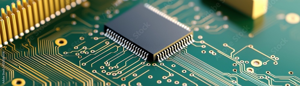 efficiency carbon neutral digital concept. Close-up of a microchip on a green circuit board with intricate patterns. efficiency carbon neutral digital concept. Close-up of a microchip on a green circuit board with intricate patterns.