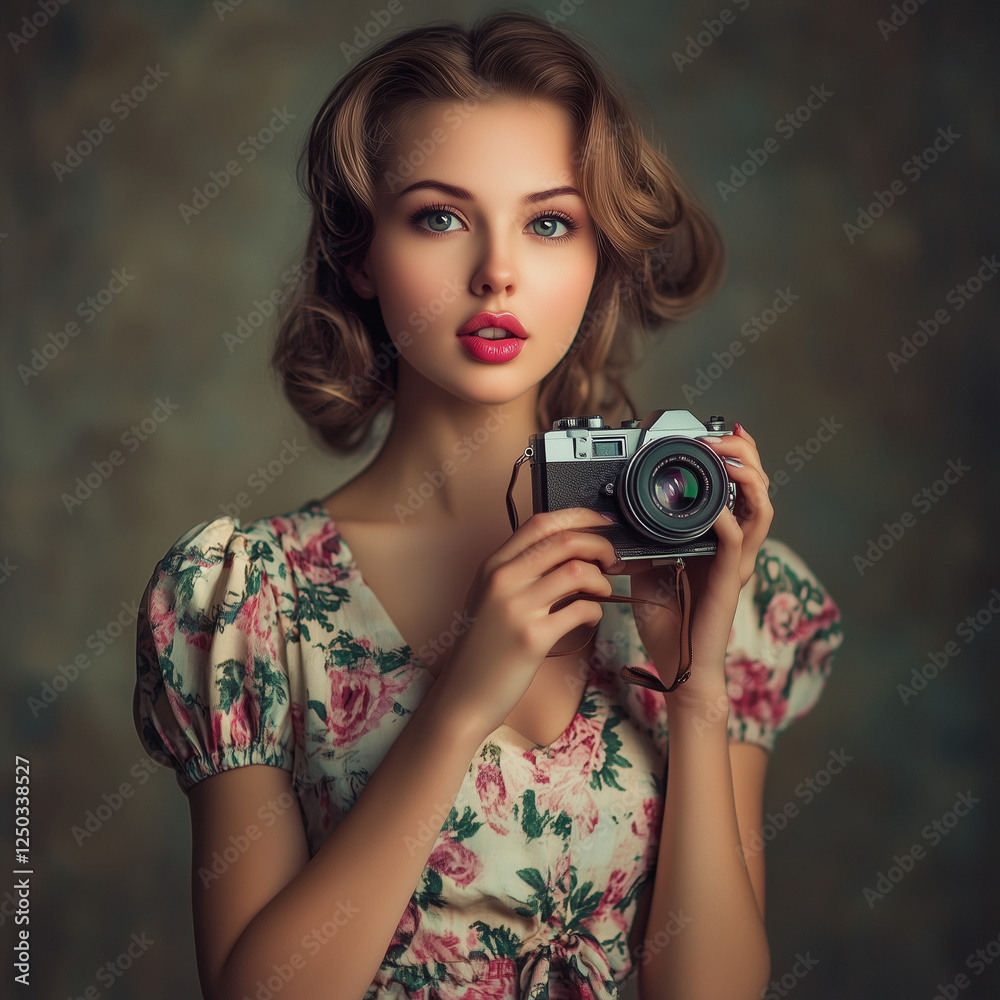 young woman in retro dress portrait, holding a camera young woman in retro dress portrait, holding a camera