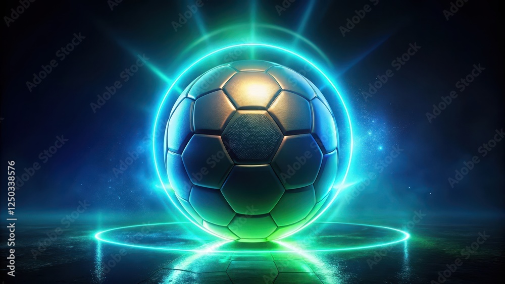 Fototapeta premium Futuristic neon-lit soccer ball with vibrant electric blue and green hues