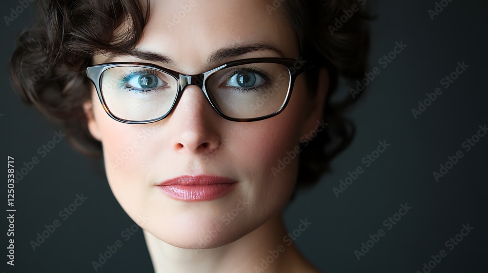 Close-up portrait of a woman with short dark curly hair wearing glasses. Close-up portrait of a woman with short dark curly hair wearing glasses.