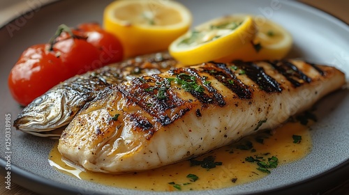 Delicious grilled fish served with fresh lemon slices and tomatoes on a stylish plate, perfect for a gourmet dining experience or healthy meal inspiration. photo